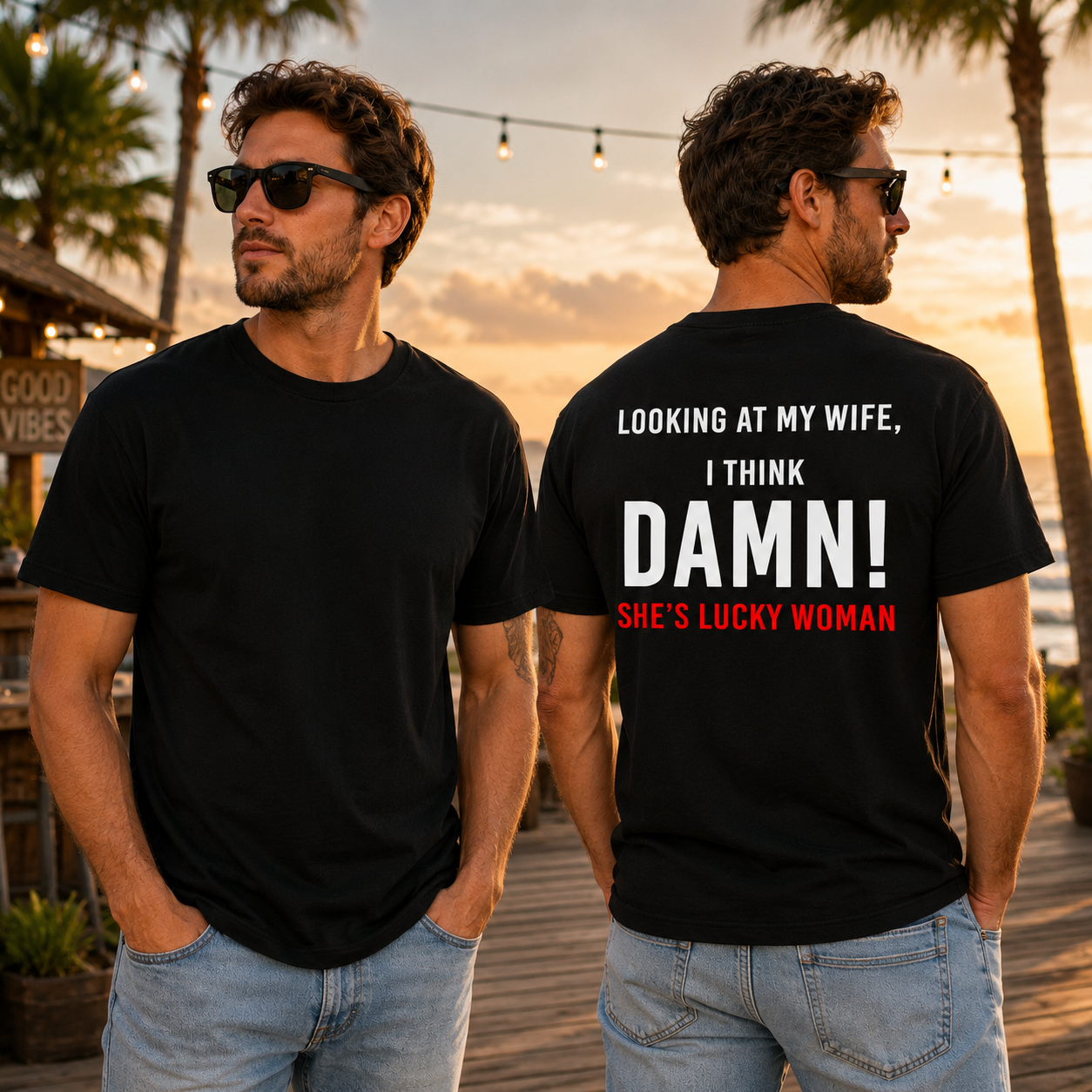 Looking At My Wife I Think Damn Shes A Lucky Woman Shirt Funny Husband Graphic Tee Marriage Gift For Men