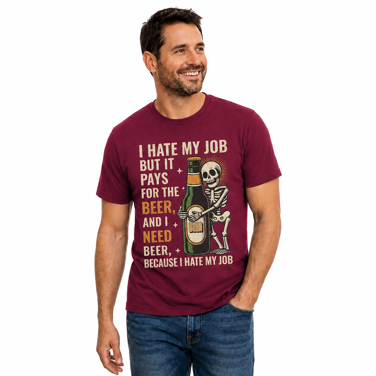 I Hate My Job But It Pays For The Beer Shirt Funny Skeleton Drinking Graphic Tee Beer Lover Gift