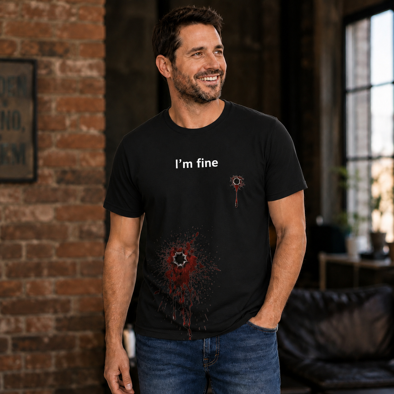 Im Fine Bullet Hole Shirt Funny Dark Humor Graphic Tee Horror Halloween Gift For Adults