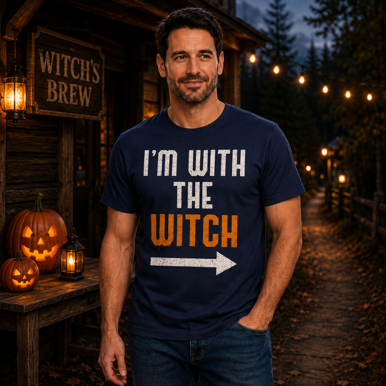 Im With The Witch Shirt Funny Halloween Matching Couple Graphic Tee Spooky Gift