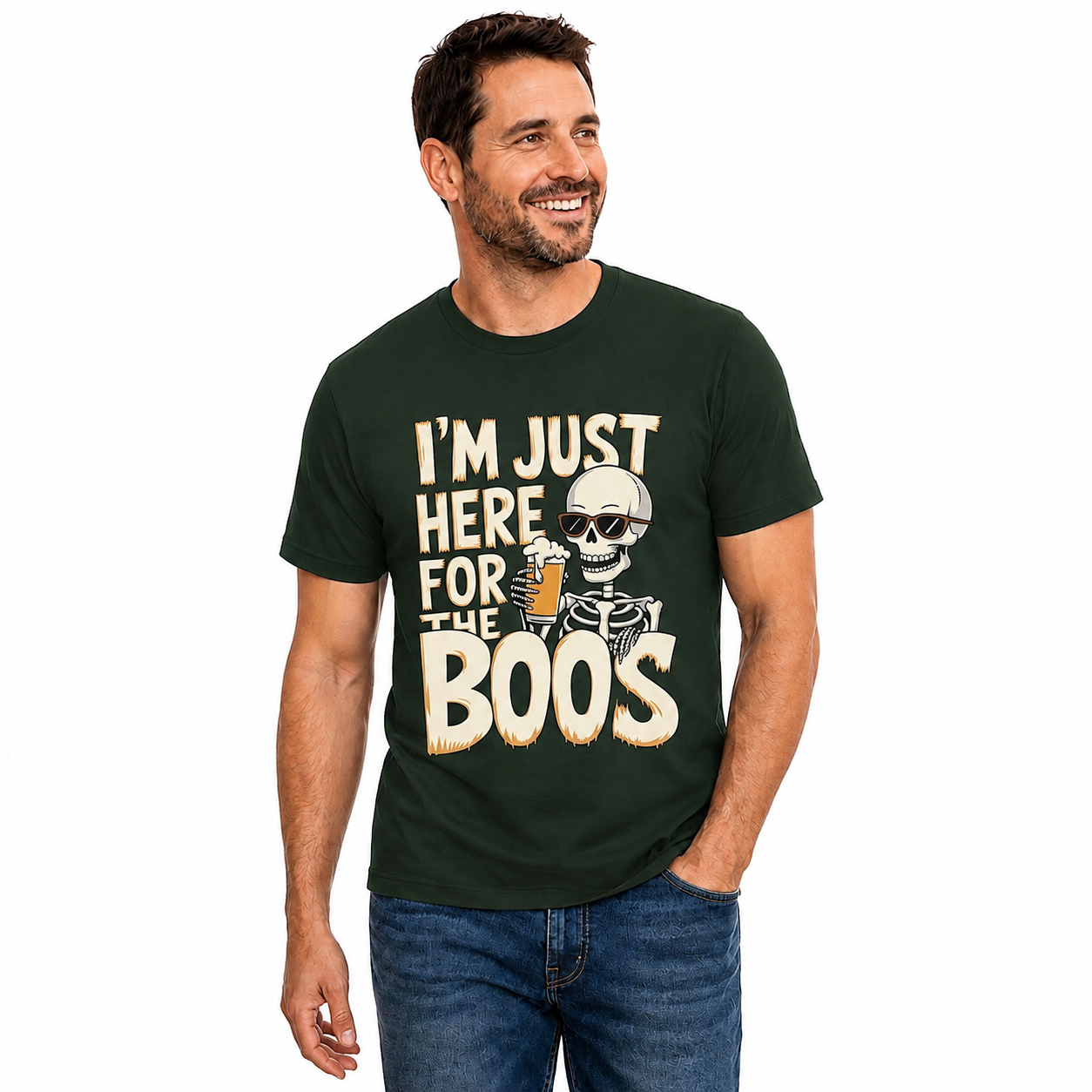 Just Here For The Boos Shirt Funny Halloween Skeleton Beer Graphic Tee Spooky Gift For Adults