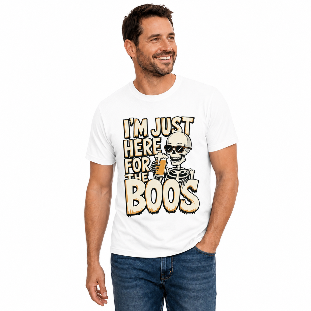 Just Here For The Boos Shirt Funny Halloween Skeleton Beer Graphic Tee Spooky Gift For Adults