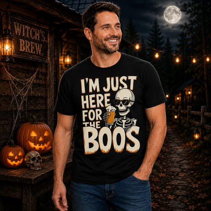 Just Here For The Boos Shirt Funny Halloween Skeleton Beer Graphic Tee Spooky Gift For Adults
