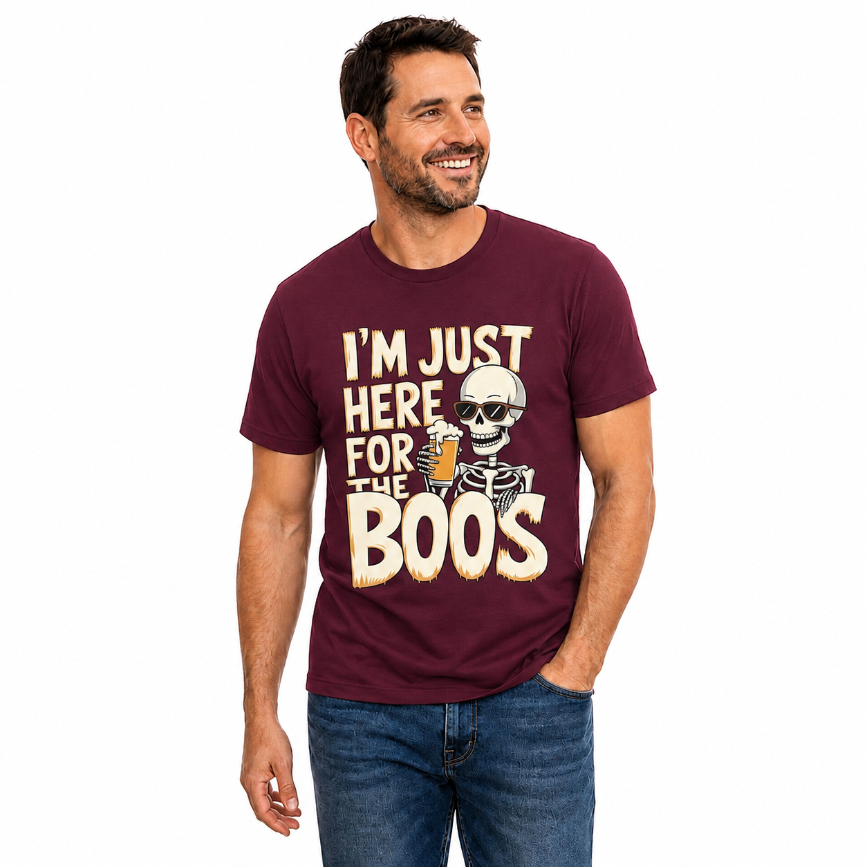 Just Here For The Boos Shirt Funny Halloween Skeleton Beer Graphic Tee Spooky Gift For Adults