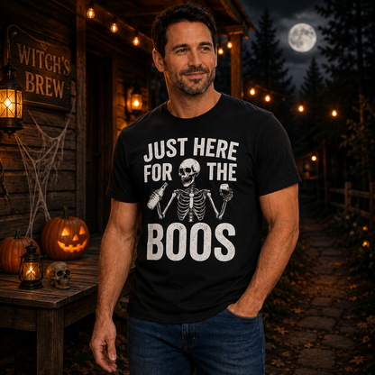 Just Here For The Boos Shirt Funny Skeleton Drinking Halloween Graphic Tee Beer Lover Gift