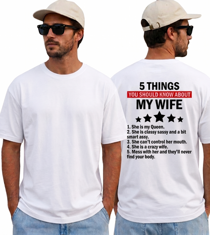 Funny Husband Shirt, My Wife Shirt, 5 Things You Should Know About My Wife Tee, Husband Gift, Funny Marriage T-Shirt, Gift for Him