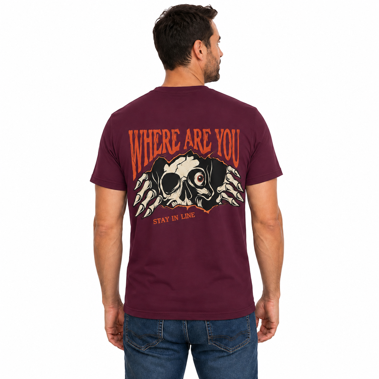 Where Are You Stay In Line Skeleton Shirt Creepy Skull Halloween Graphic Tee Gothic Horror Gift