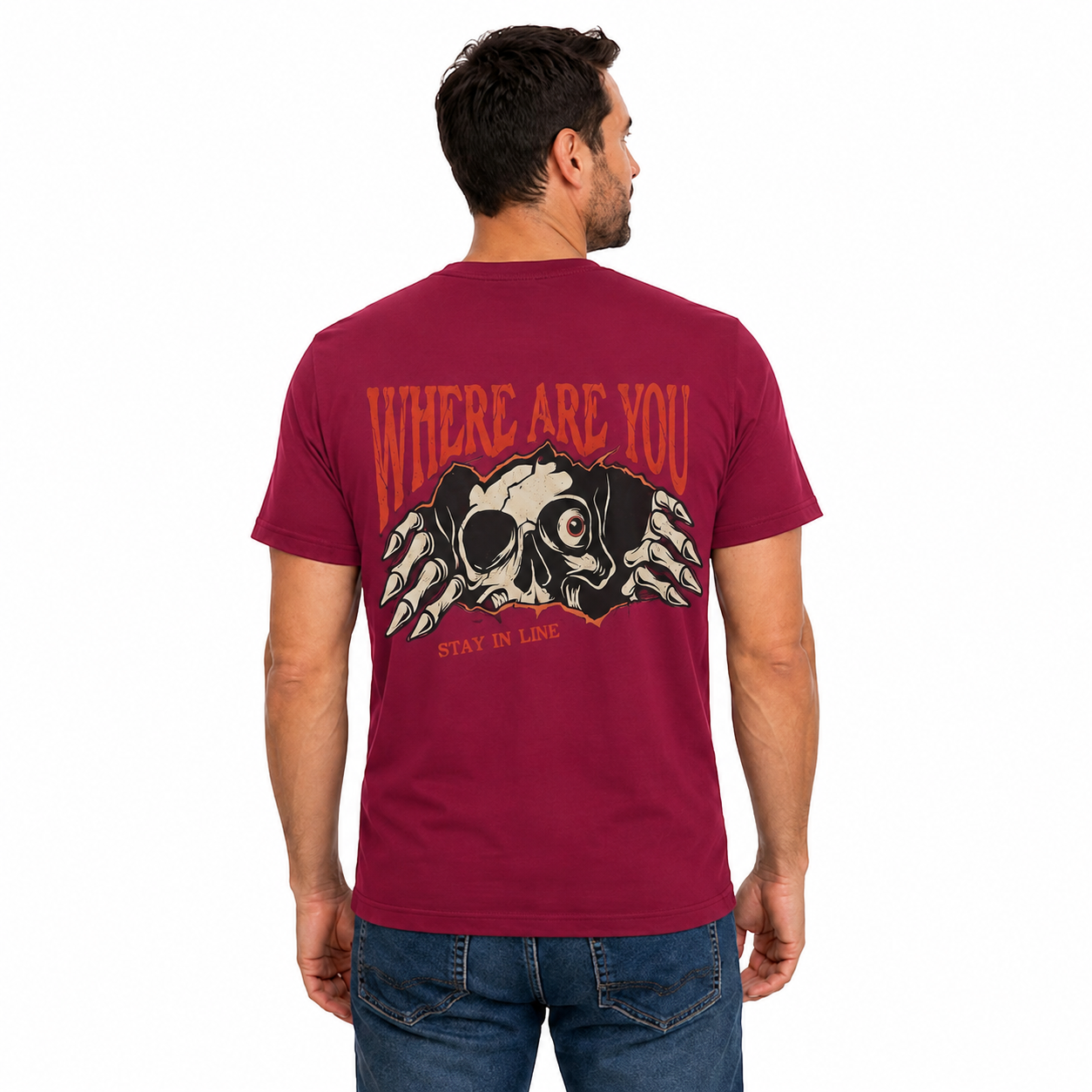 Where Are You Stay In Line Skeleton Shirt Creepy Skull Halloween Graphic Tee Gothic Horror Gift