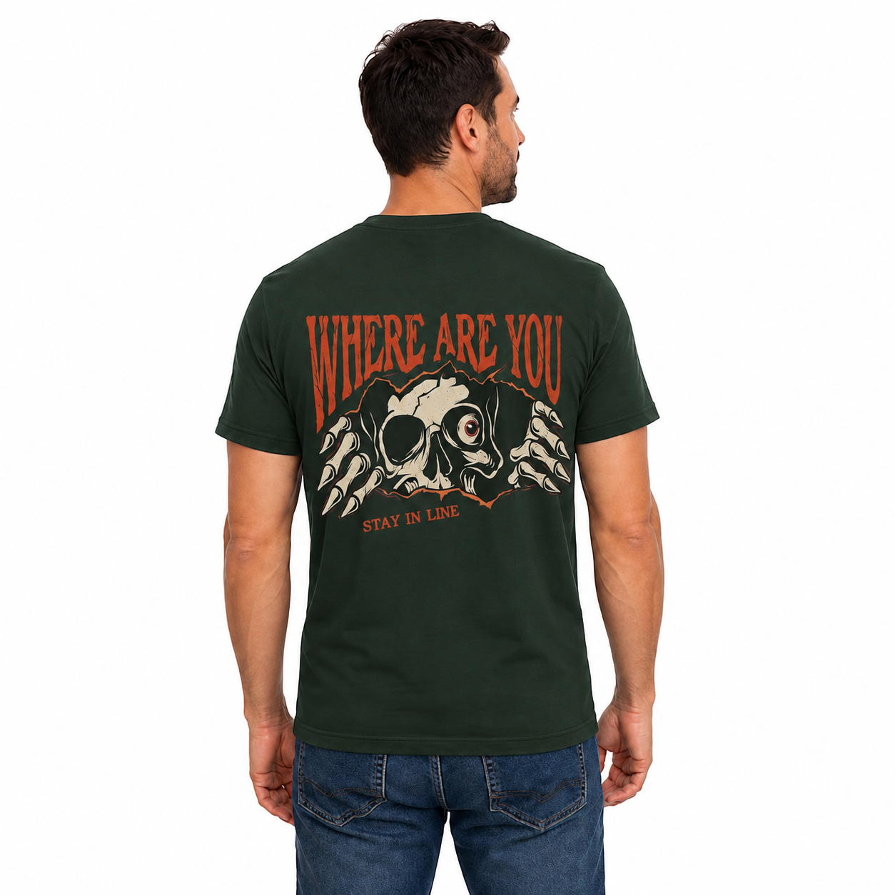 Where Are You Stay In Line Skeleton Shirt Creepy Skull Halloween Graphic Tee Gothic Horror Gift