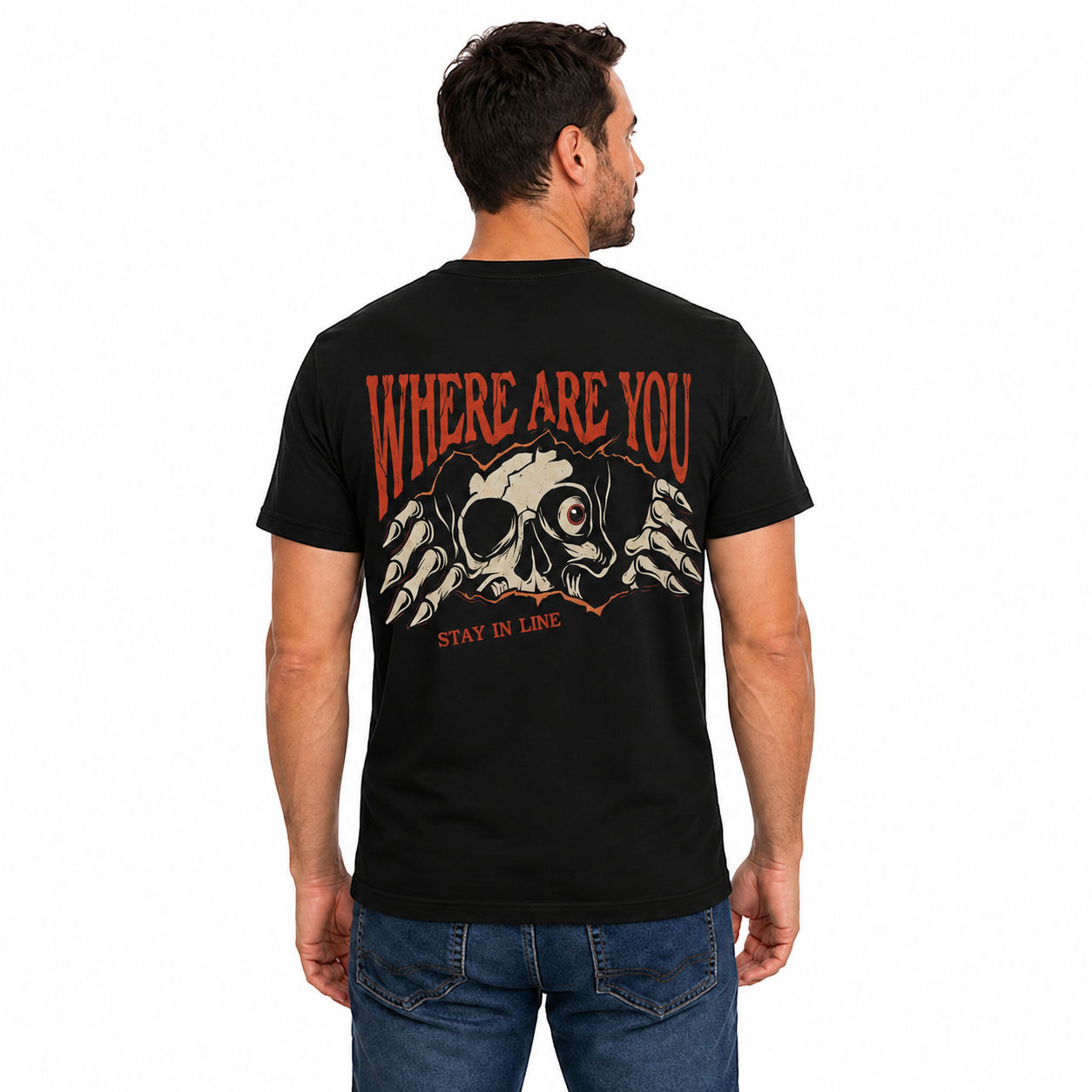 Where Are You Stay In Line Skeleton Shirt Creepy Skull Halloween Graphic Tee Gothic Horror Gift