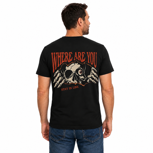 Where Are You Stay In Line Skeleton Shirt Creepy Skull Halloween Graphic Tee Gothic Horror Gift