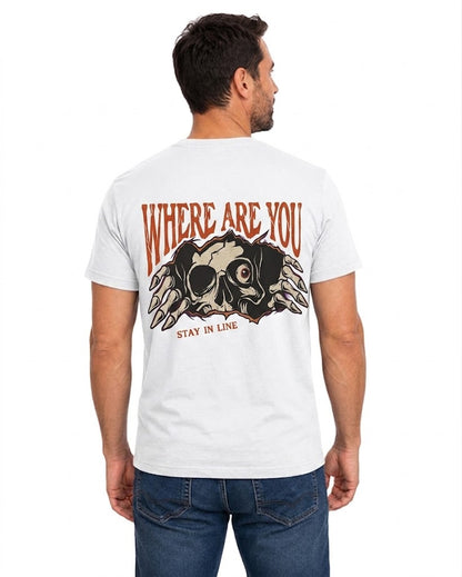 Where Are You Stay In Line Skeleton Shirt Creepy Skull Halloween Graphic Tee Gothic Horror Gift