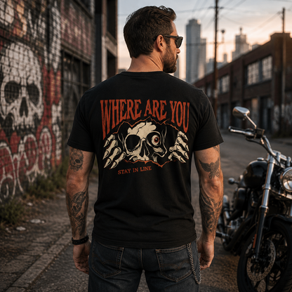 Where Are You Stay In Line Skeleton Shirt Creepy Skull Halloween Graphic Tee Gothic Horror Gift