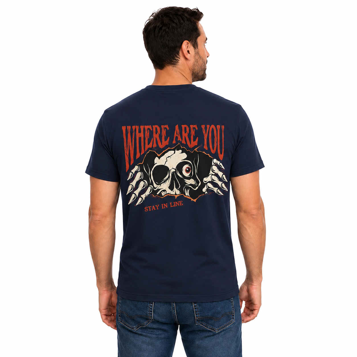 Where Are You Stay In Line Skeleton Shirt Creepy Skull Halloween Graphic Tee Gothic Horror Gift