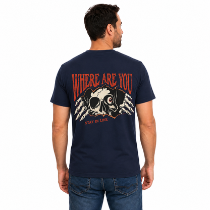 Where Are You Stay In Line Skeleton Shirt Creepy Skull Halloween Graphic Tee Gothic Horror Gift