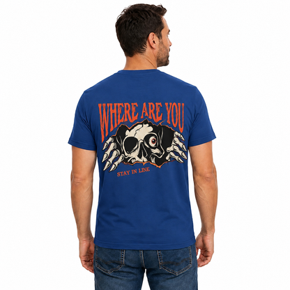 Where Are You Stay In Line Skeleton Shirt Creepy Skull Halloween Graphic Tee Gothic Horror Gift