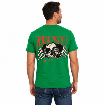 Where Are You Stay In Line Skeleton Shirt Creepy Skull Halloween Graphic Tee Gothic Horror Gift