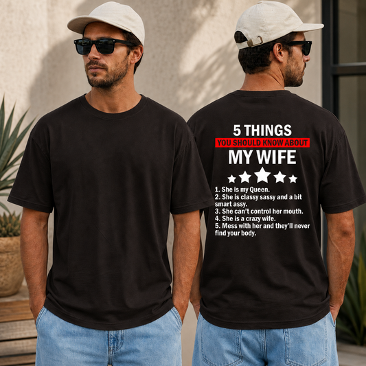 Funny Husband Shirt, My Wife Shirt, 5 Things You Should Know About My Wife Tee, Husband Gift, Funny Marriage T-Shirt, Gift for Him