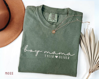 Comfort Colors® Boy Mama Shirt, Personalized Mom Of Boys Tee, Custom Mothers Day Gift For Boy Mom Minimalist Script