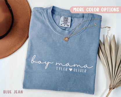 Comfort Colors® Boy Mama Shirt, Personalized Mom Of Boys Tee, Custom Mothers Day Gift For Boy Mom Minimalist Script